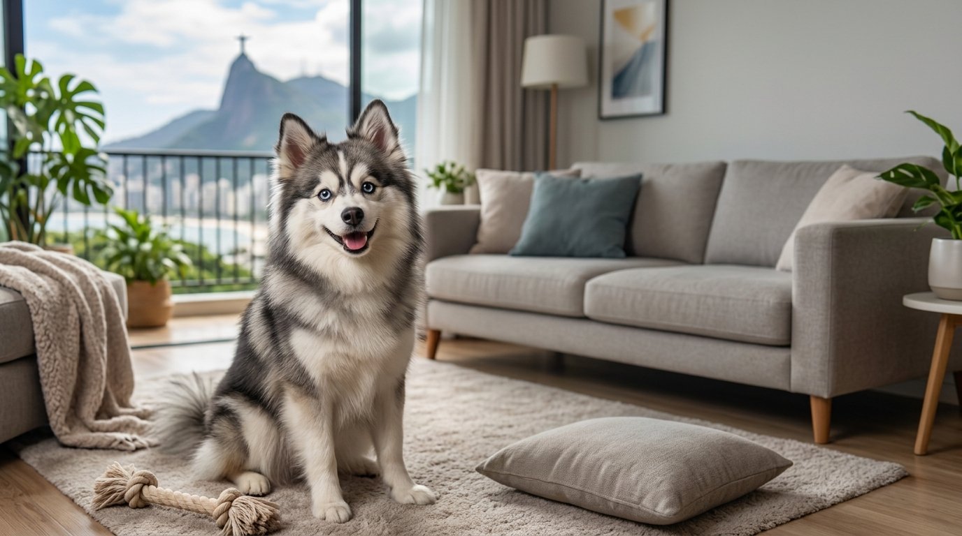 Cão da raça Pomsky sentado na sala de estar de um apartamento, em destaque para artigo sobre características e cuidados com a raça.