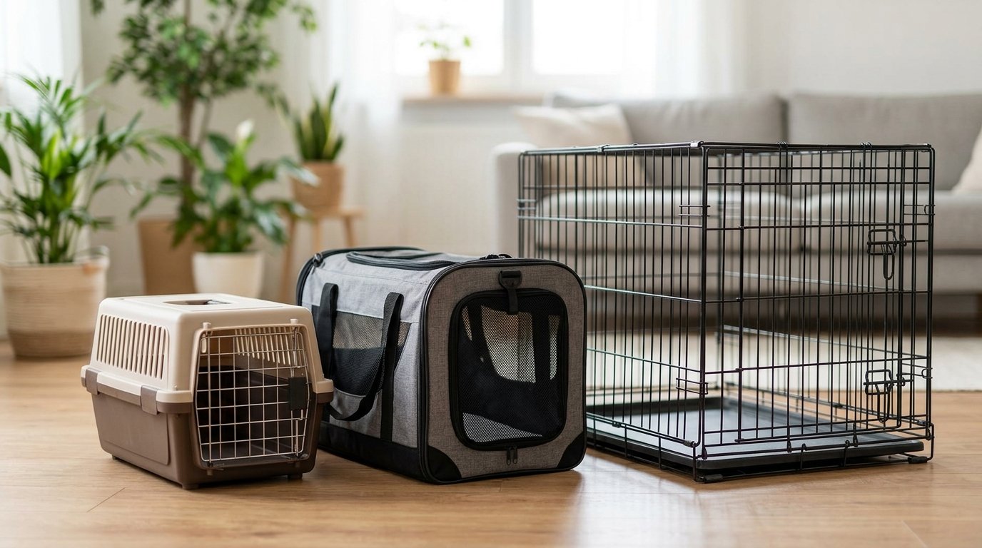 Três modelos diferentes de caixas de transporte para pets, de tamanhos e materiais variados, alinhadas em uma sala de estar, para ilustrar como escolher o tamanho ideal.