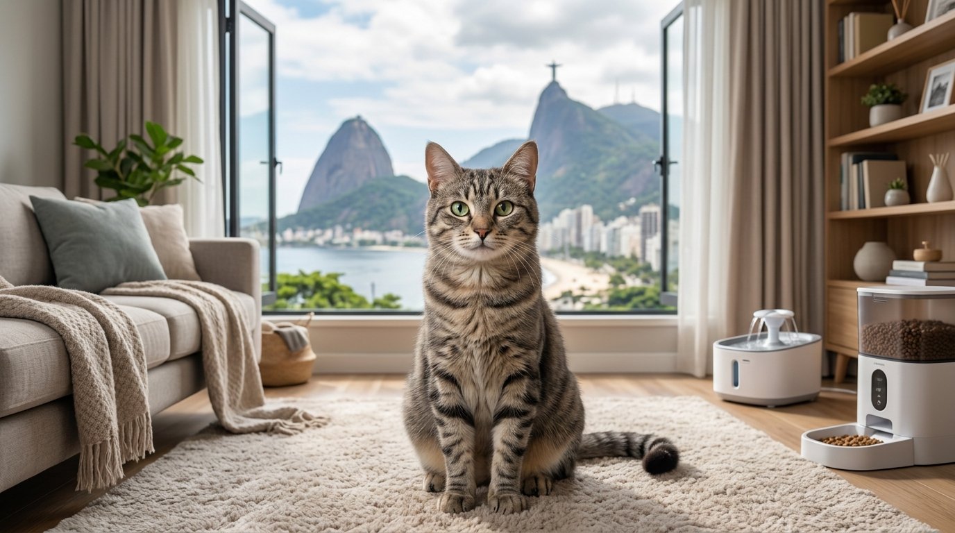 Gato malhado sentado confiantemente no tapete de uma sala de estar moderna e segura, com vista para o Pão de Açúcar, ilustrando um ambiente doméstico adequado para felinos em 2026.