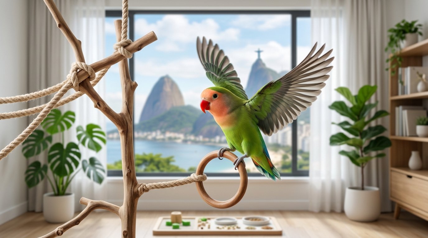 Agapone Pássaro (Lovebird) de face rosada e corpo verde em pleno voo dinâmico em uma sala de estar moderna e iluminada, prestes a pousar em um brinquedo de corda, com vista para o Pão de Açúcar ao fundo, ilustrando a agilidade da ave.