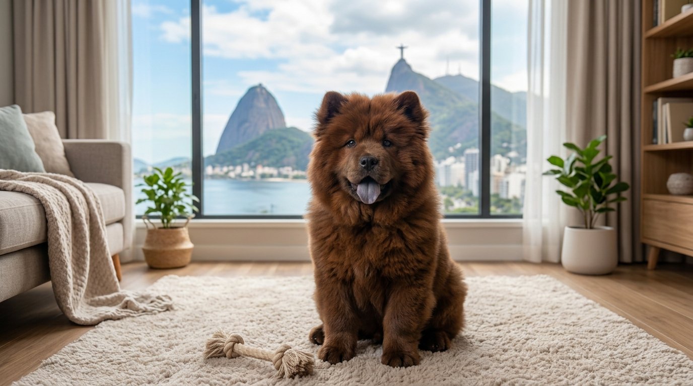 Filhote de Chow Chow marrom fofo e peludo sentado em um tapete de sala de estar moderna, olhando para a câmera, com vista para o Pão de Açúcar ao fundo, ilustrando a raça em ambiente doméstico.