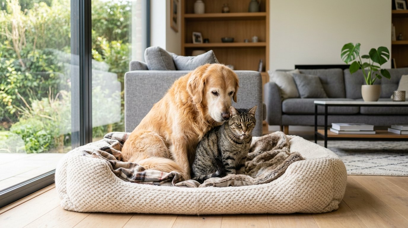 Um cão Golden Retriever sênior saudável e um gato malhado sênior sentados juntos e tranquilos em uma cama macia em uma sala de estar iluminada pelo sol, ilustrando a longevidade e o bem-estar dos pets idosos.