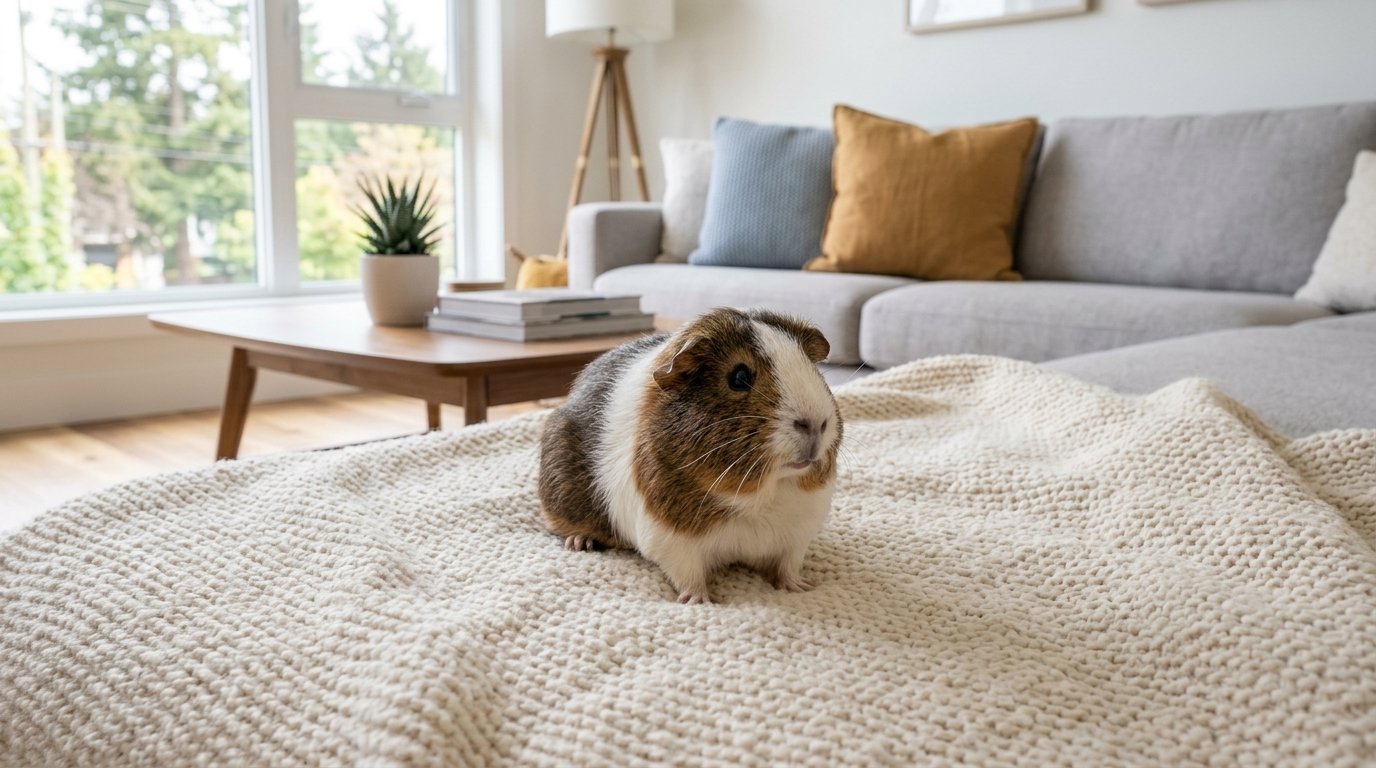Porquinho-da-índia fofo e bem cuidado sentado sobre uma manta macia em uma sala de estar, ilustrando como cuidar desse pet em casa.