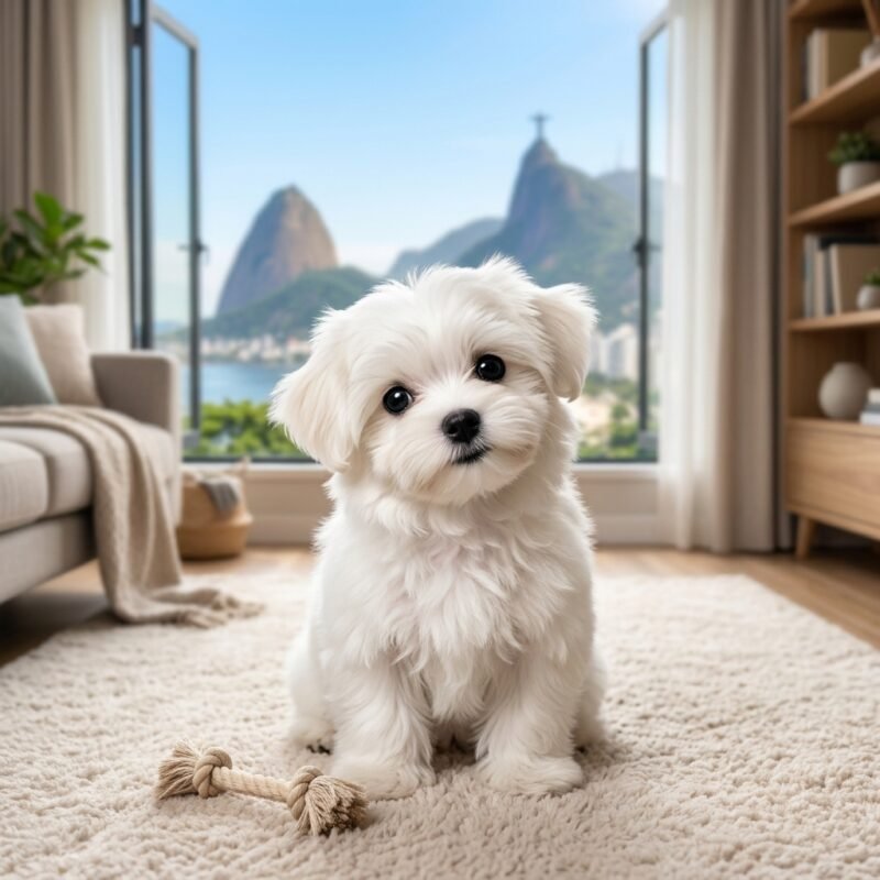 Filhote de Maltês muito fofo e peludo sentado no tapete de uma sala de estar moderna, olhando para a câmera com expressão irresistível, ilustrando a raça.